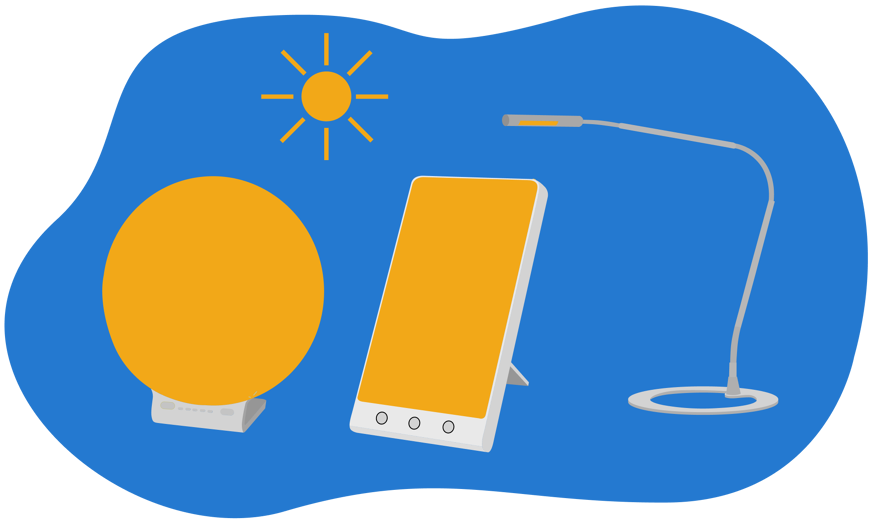 Ilustração de 3 dispositivos eletrônicos que emitem luz, um ao lado do outro.
